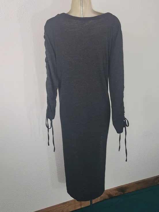 Umgee Dress Knit  Long Sleeve With Tie-Detail  Charcoal Size L - Picture 7 of 12